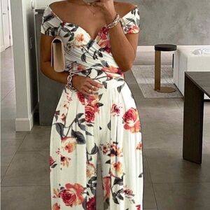 White Pink Green Floral Print Jumpsuit Size XL